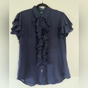 Lauren Ralph Lauren 100% Silk Ruffle Blouse – Deep Navy